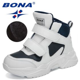 BONA 2022 New Designers Classics Hiking Shoes Kids Plush Sneakers Boys Girls Ankle Shoes Children Winter Boots Breathable Child (Color: White deep blue)