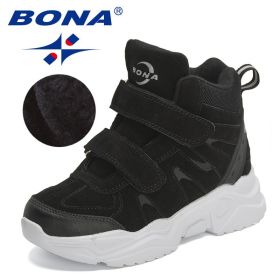 BONA 2022 New Designers High Top Snow Boots Warm Plush Lining Walking Shoes Child Comfortable Anti-Slip Hiking Shoes Children (Color: Black silver gray)