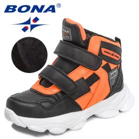 BONA 2022 New Designers Trendy Boots Winter Snow Boots Children Sport Hiking Shoes Boys Girls High Top Sneakers Plush Footwear (Color: Black F orange)